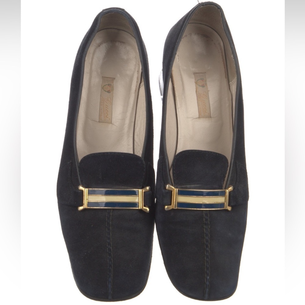Gucci Vintage Blue Suede Chain-Link Accent Block Heel Square Toe Pumps Size 8.5 - Picture 5 of 12